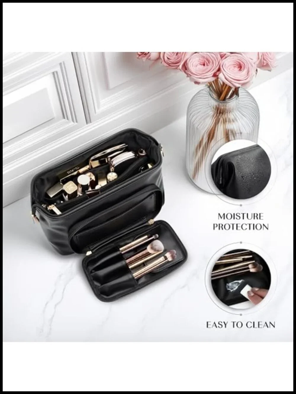 PU Leather Makeup Bag with Brush Compartment, Travel Cosmetic Case, Large